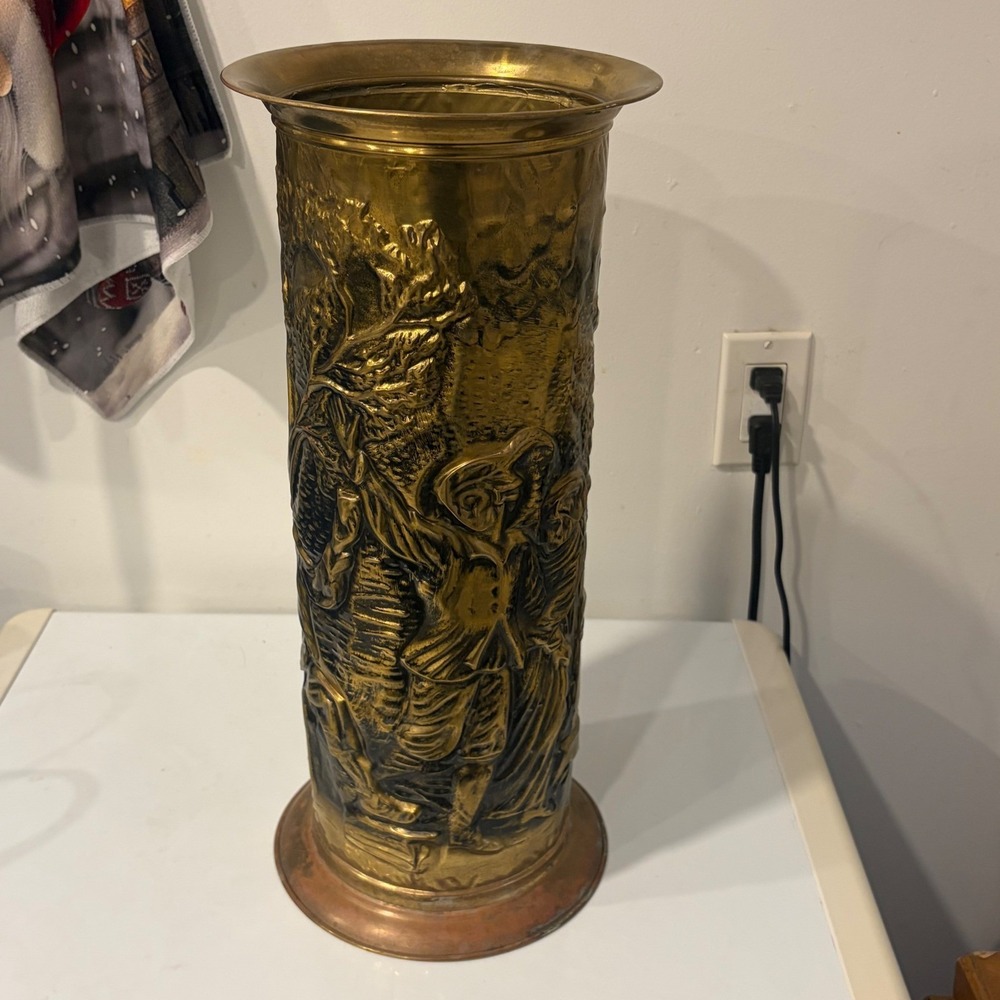 Vintage Embossed Brass Umbrella Cane Stand Tavern Pub Scene 18" Folk Art
